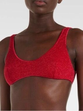 Red Oseree Red Lame Shimmer Scoop Back bikini top
